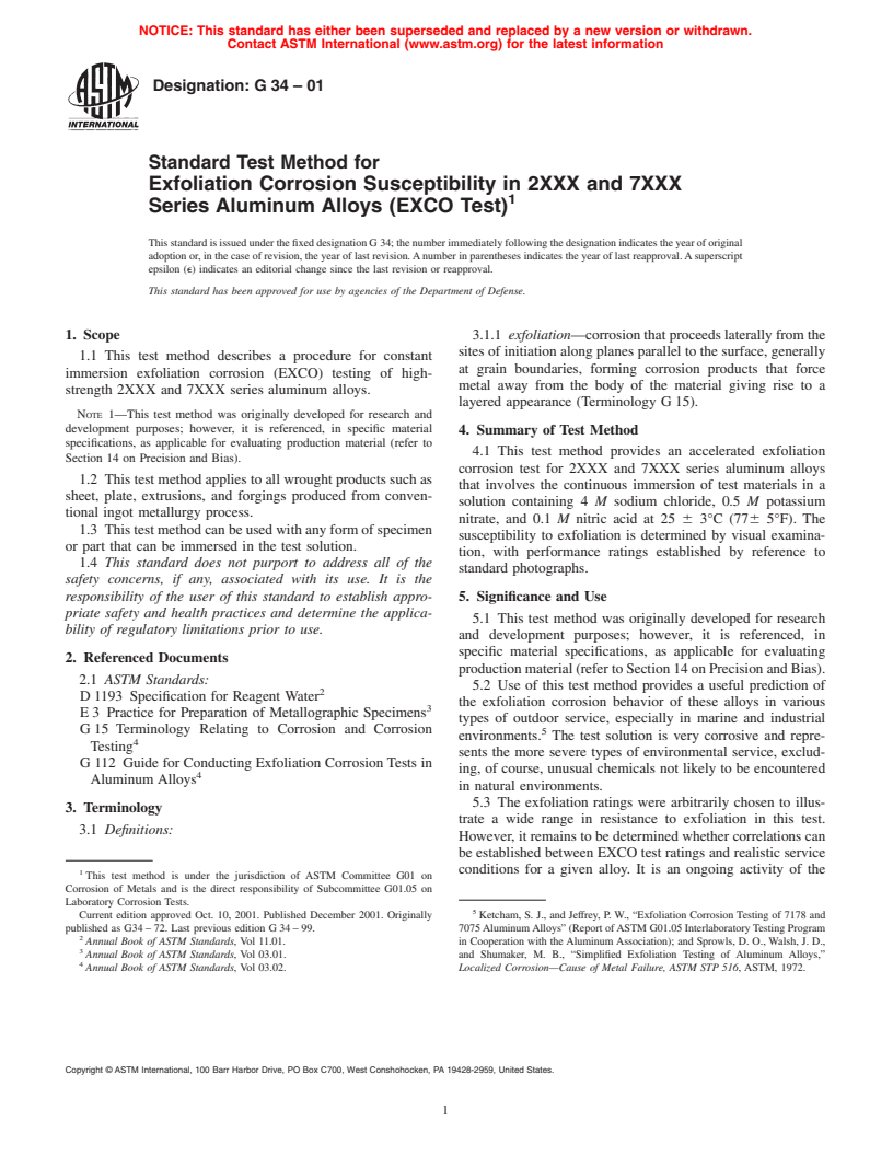 ASTM G34-01 - Standard Test Method for Exfoliation Corrosion Susceptibility in 2XXX and 7XXX Series Aluminum Alloys (EXCO Test)