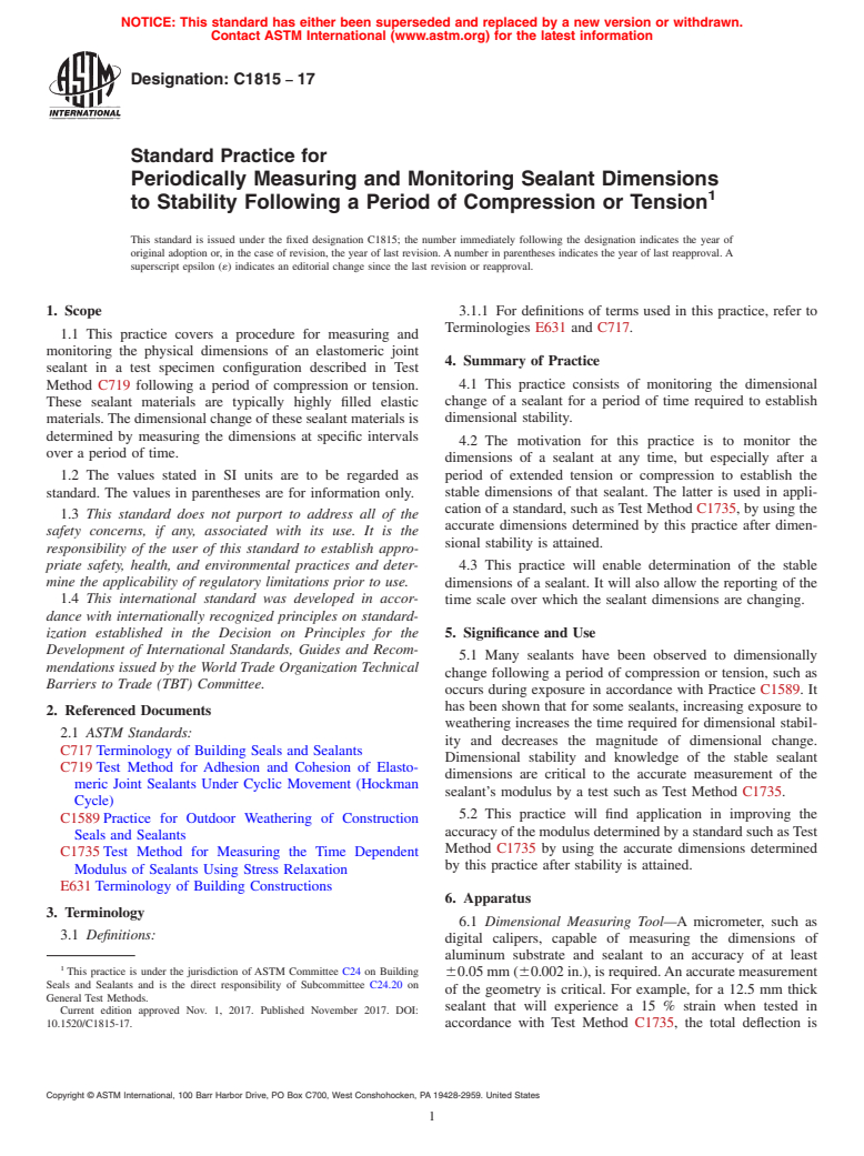 ASTM C1815-17 - Standard Practice for Periodically Measuring and Monitoring Sealant Dimensions to  Stability Following a Period of Compression or Tension