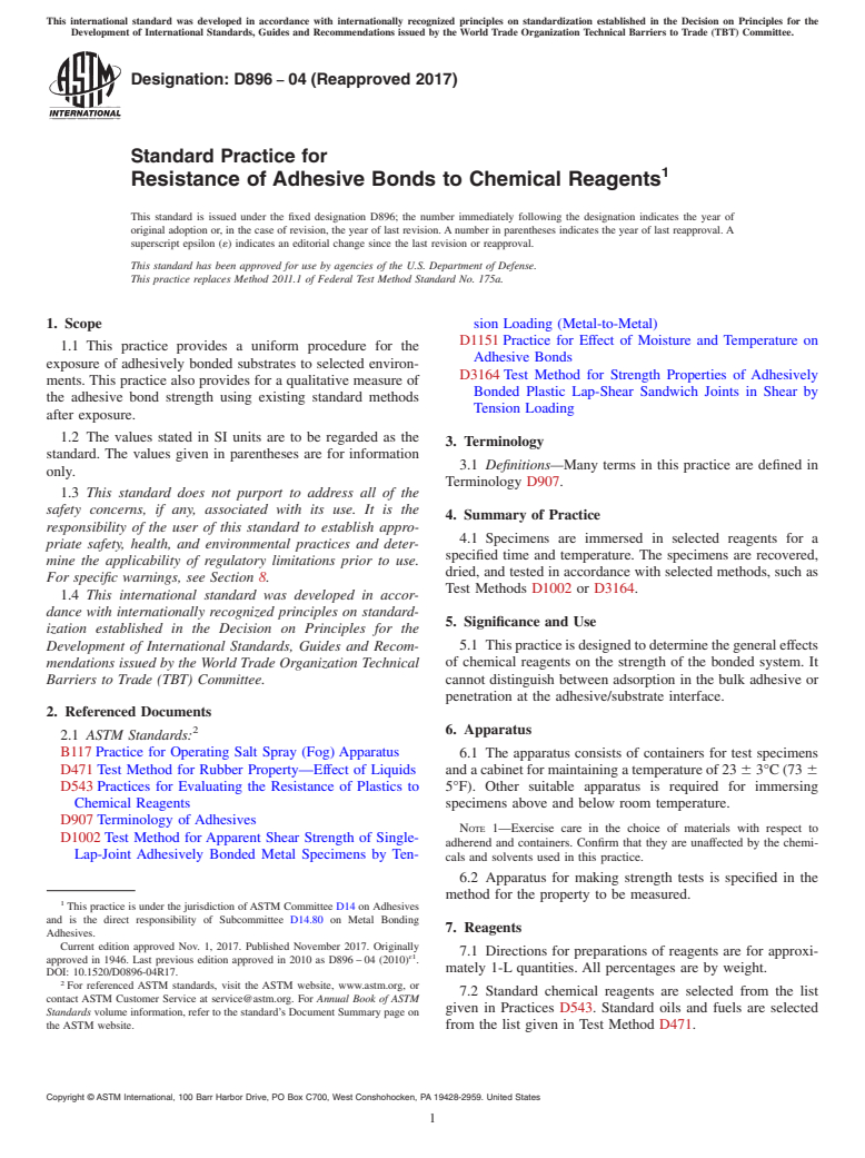 ASTM D896-04(2017) - Standard Practice for Resistance of Adhesive Bonds to Chemical Reagents