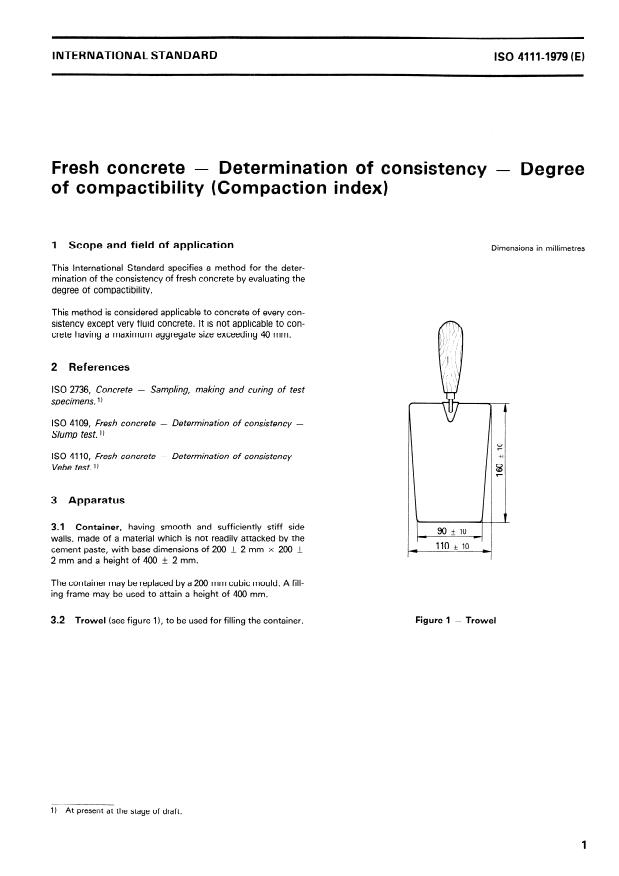 ISO 4111:1979 - Fresh concrete -- Determination of consistency -- Degree of compactibility (Compaction index)