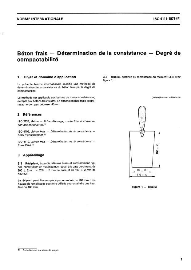 ISO 4111:1979 - Béton frais -- Détermination de la consistance -- Degré de compactabilité