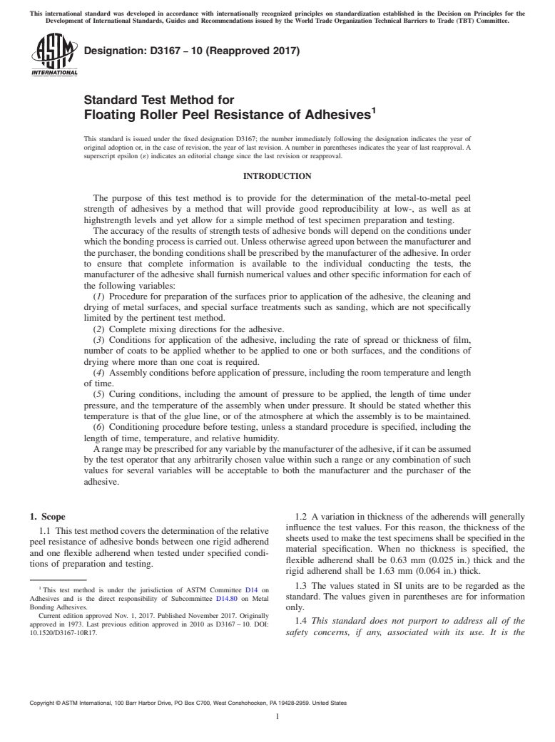 ASTM D3167-10(2017) - Standard Test Method for Floating Roller Peel Resistance of Adhesives