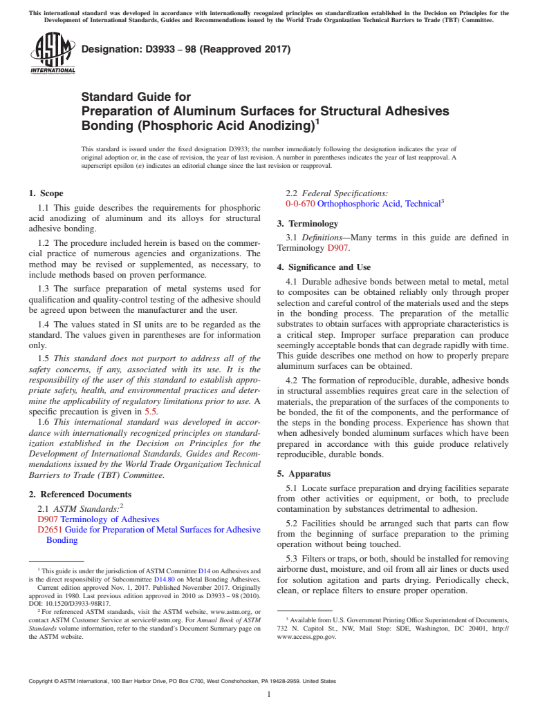 ASTM D3933-98(2017) - Standard Guide for Preparation of Aluminum Surfaces for Structural Adhesives Bonding  (Phosphoric Acid Anodizing)