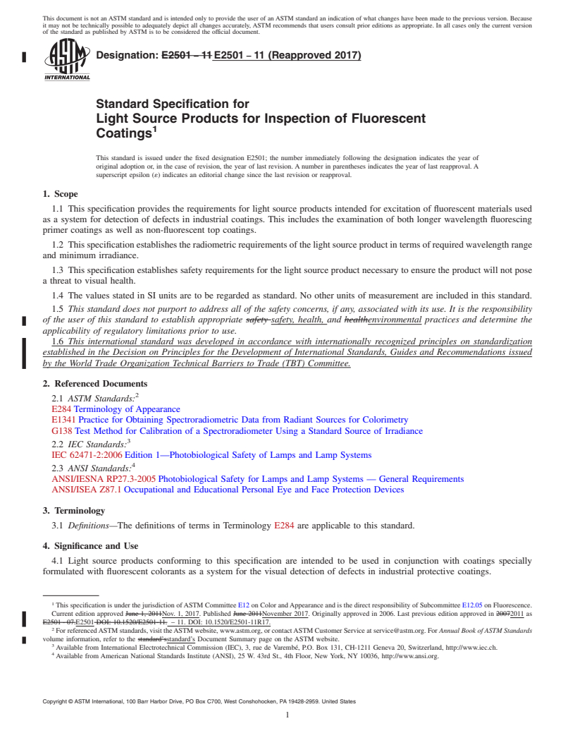 REDLINE ASTM E2501-11(2017) - Standard Specification for Light Source Products for Inspection of Fluorescent Coatings