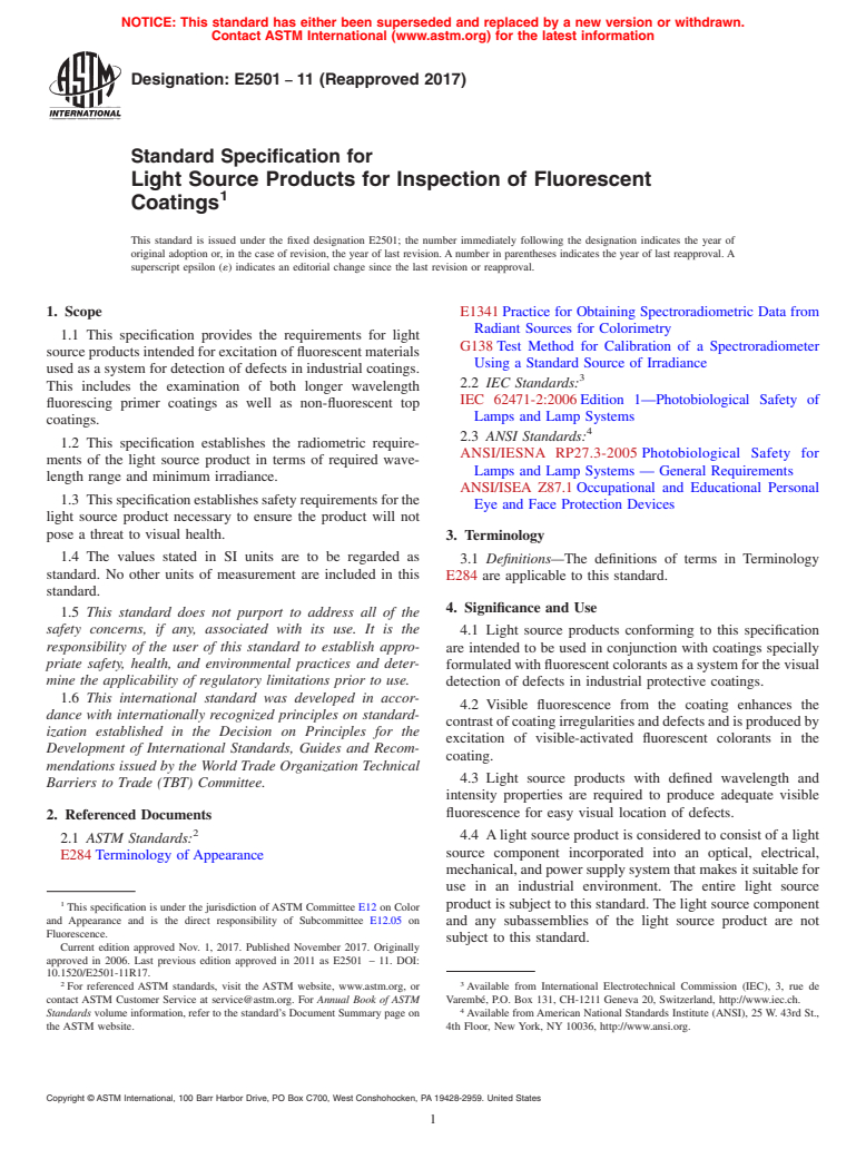 ASTM E2501-11(2017) - Standard Specification for Light Source Products for Inspection of Fluorescent Coatings