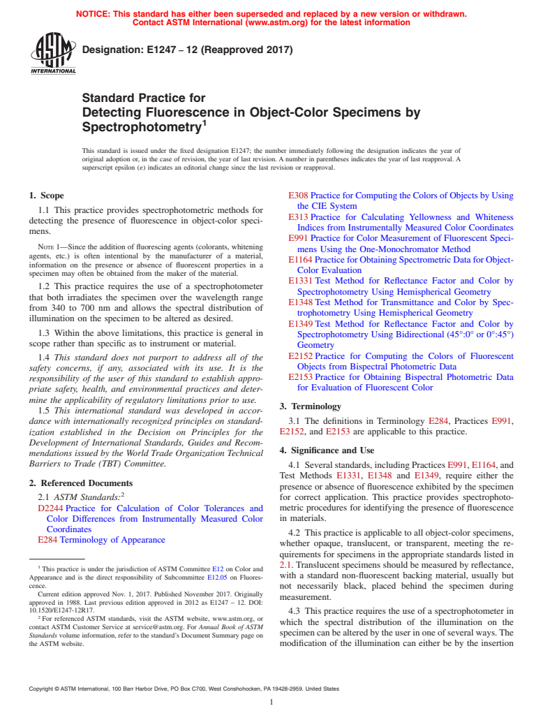 ASTM E1247-12(2017) - Standard Practice for Detecting Fluorescence in Object-Color Specimens by Spectrophotometry