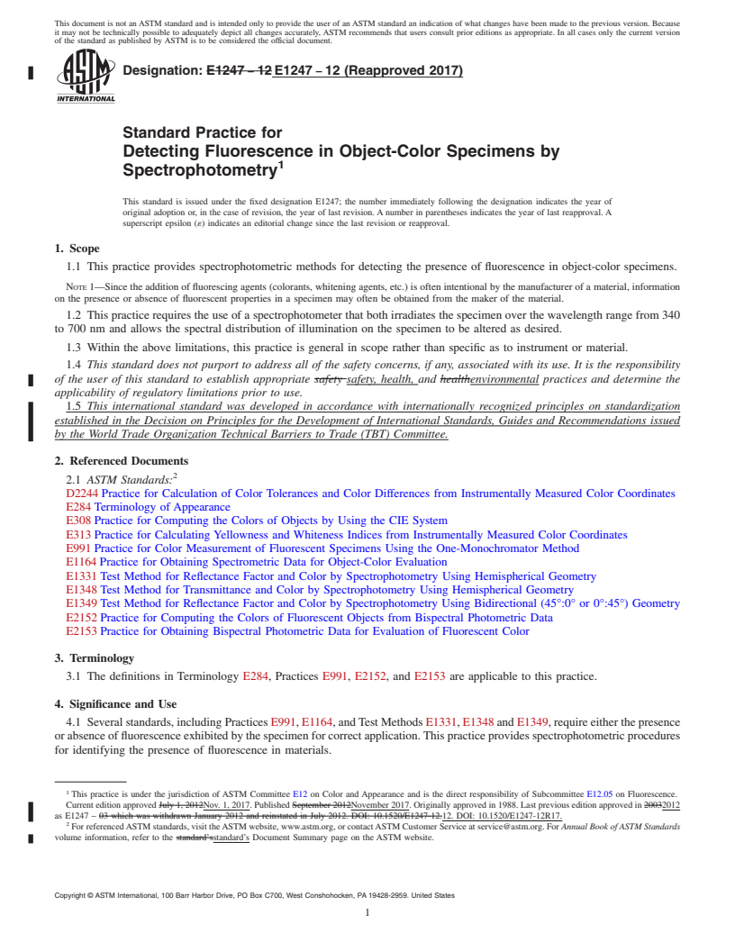 REDLINE ASTM E1247-12(2017) - Standard Practice for Detecting Fluorescence in Object-Color Specimens by Spectrophotometry