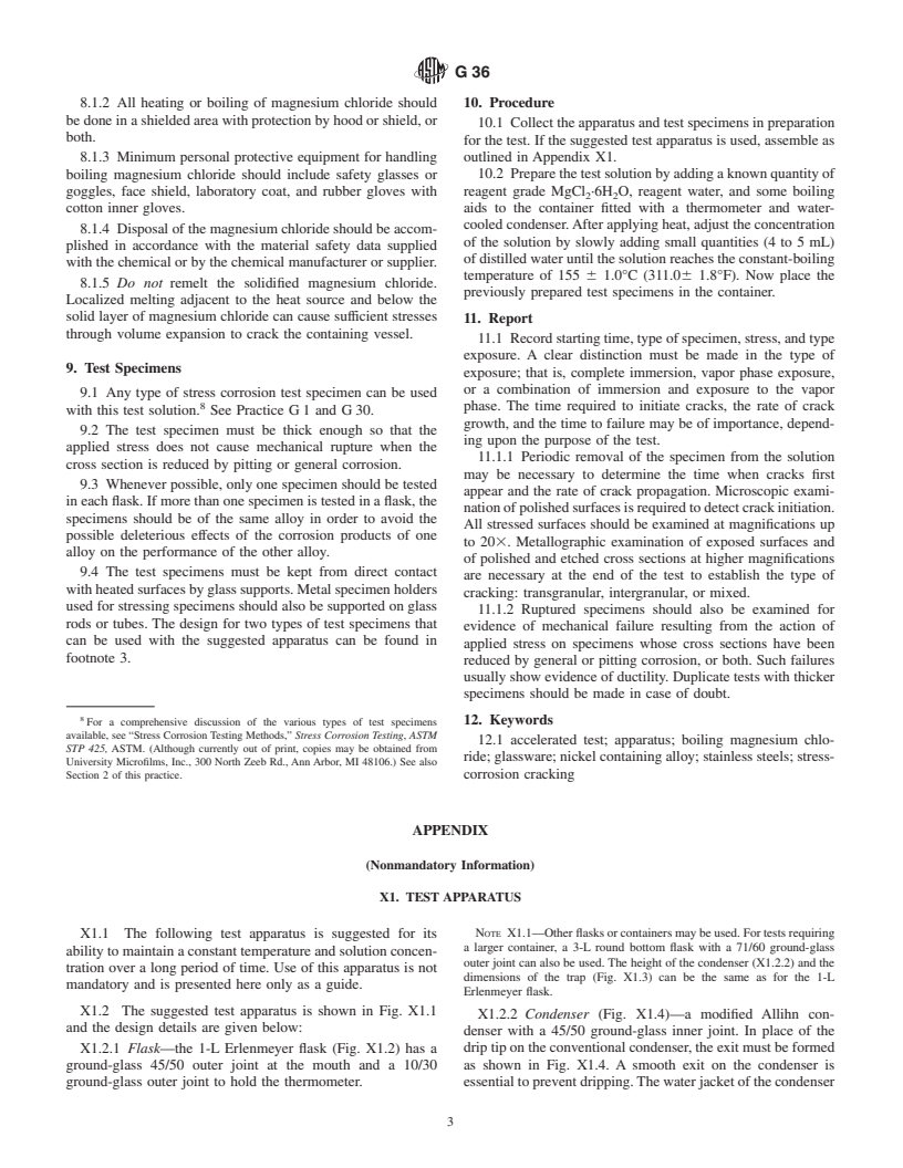ASTM G36-94(2000) - Standard Practice for Evaluating Stress-Corrosion-Cracking Resistance of Metals and Alloys in a Boiling Magnesium Chloride Solution