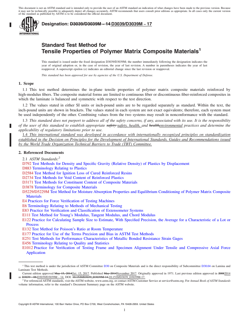 REDLINE ASTM D3039/D3039M-17 - Standard Test Method for  Tensile Properties of Polymer Matrix Composite Materials