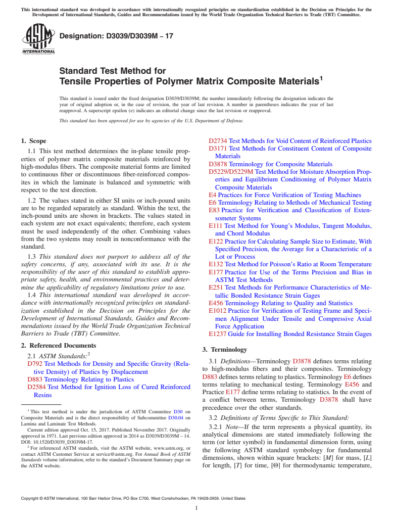 ASTM D3039/D3039M-17 - Standard Test Method for  Tensile Properties of Polymer Matrix Composite Materials