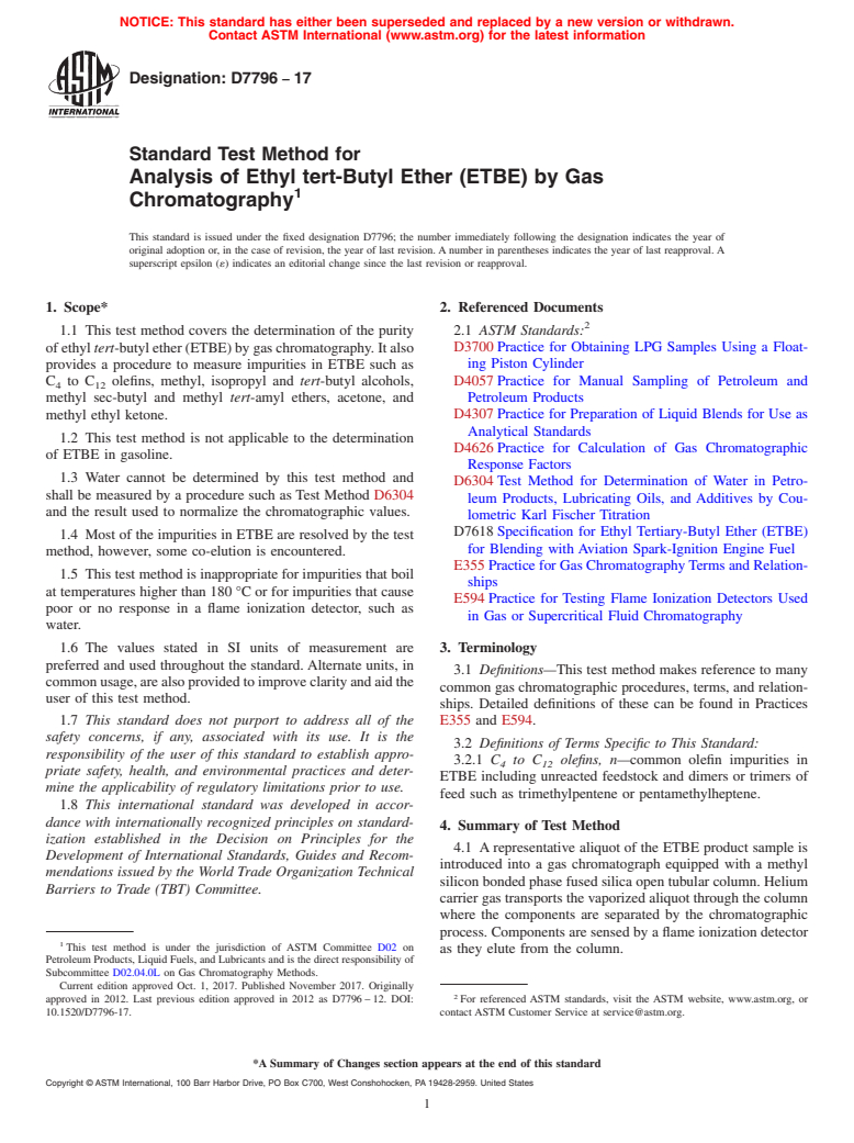 ASTM D7796-17 - Standard Test Method for Analysis of Ethyl tert-Butyl Ether (ETBE) by Gas Chromatography