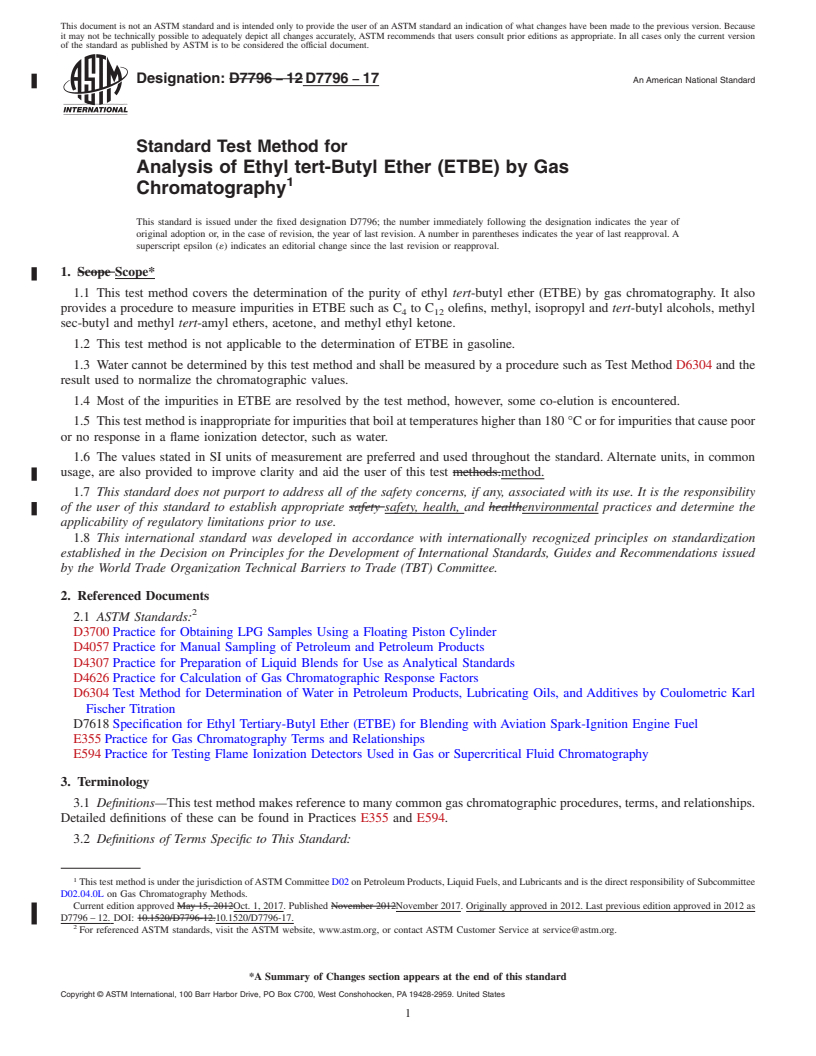 REDLINE ASTM D7796-17 - Standard Test Method for Analysis of Ethyl tert-Butyl Ether (ETBE) by Gas Chromatography