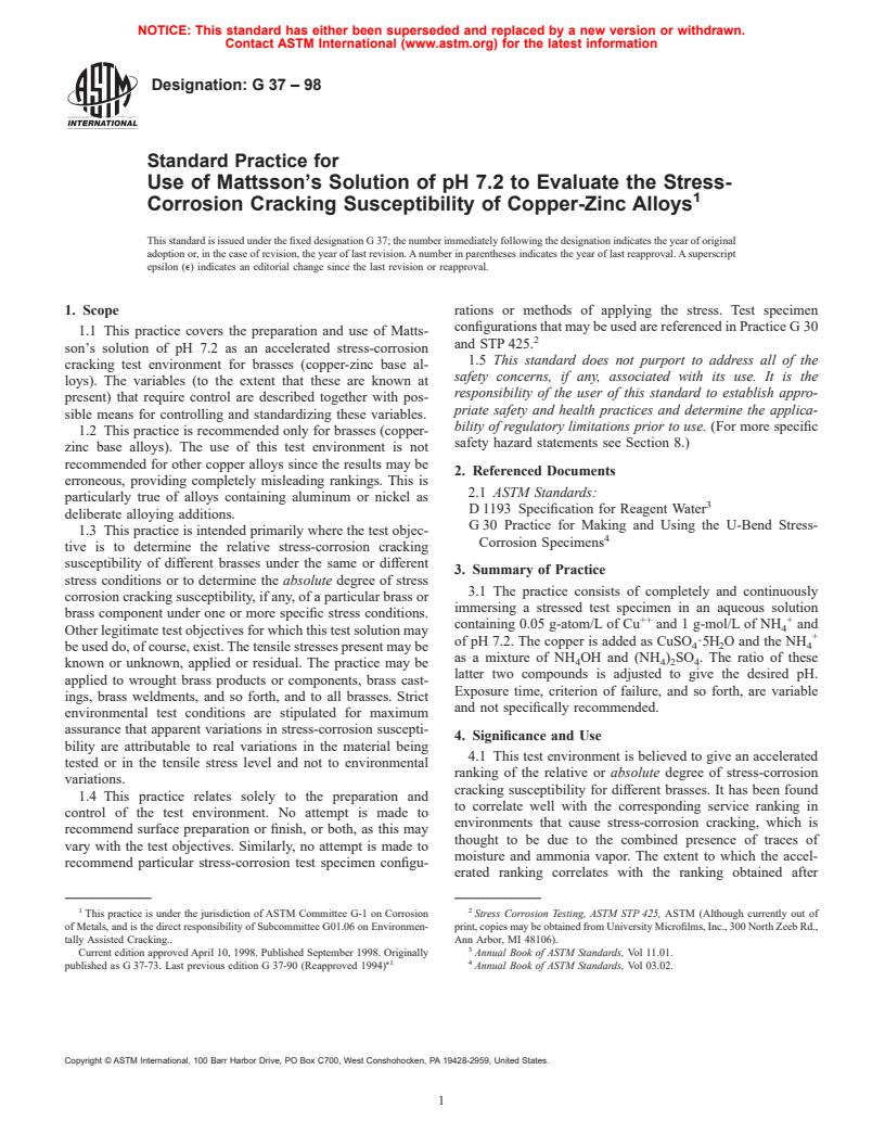 ASTM G37-98 - Standard Practice for Use of Mattsson's Solution of pH 7.2 to Evaluate the Stress- Corrosion Cracking Susceptibility of Copper-Zinc Alloys