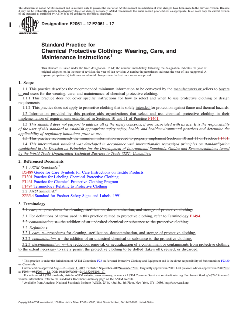 REDLINE ASTM F2061-17 - Standard Practice for  Chemical Protective Clothing: Wearing, Care, and Maintenance  Instructions