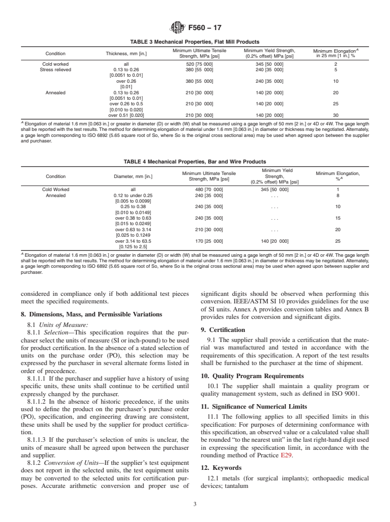 ASTM F560-17 - Standard Specification for  Unalloyed Tantalum for Surgical Implant Applications (UNS R05200,  UNS R05400)