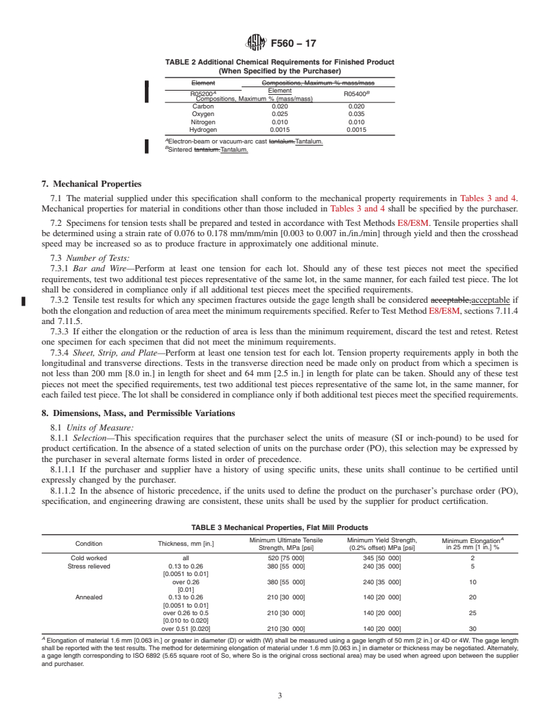 REDLINE ASTM F560-17 - Standard Specification for  Unalloyed Tantalum for Surgical Implant Applications (UNS R05200,  UNS R05400)