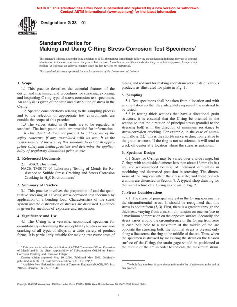 ASTM G38-01 - Standard Practice for Making and Using C-Ring Stress-Corrosion Test Specimens