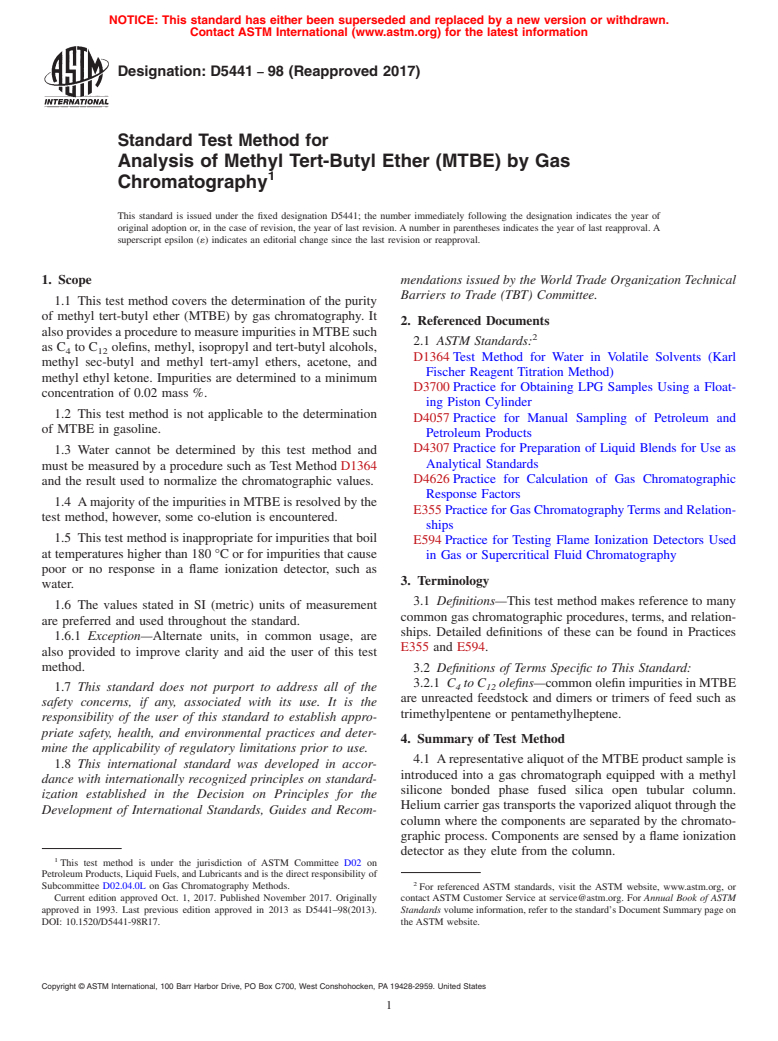 ASTM D5441-98(2017) - Standard Test Method for Analysis of Methyl Tert-Butyl Ether (MTBE) by Gas Chromatography