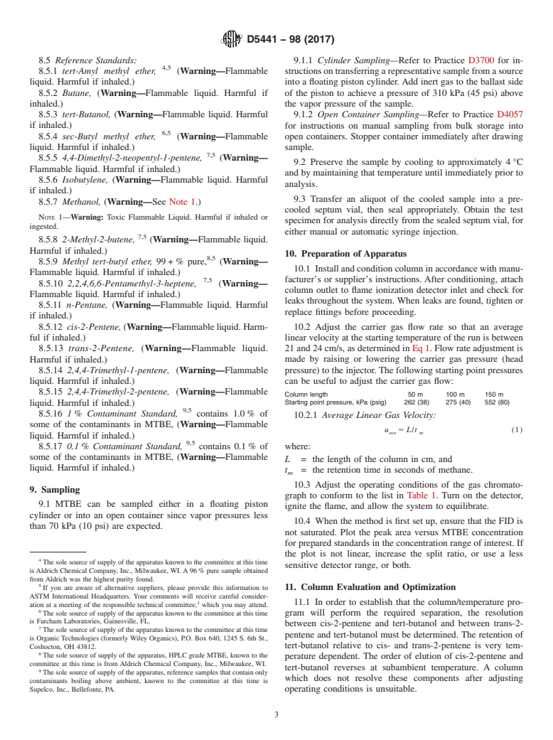 ASTM D5441-98(2017) - Standard Test Method for Analysis of Methyl Tert-Butyl Ether (MTBE) by Gas Chromatography