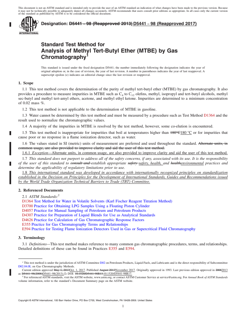 REDLINE ASTM D5441-98(2017) - Standard Test Method for Analysis of Methyl Tert-Butyl Ether (MTBE) by Gas Chromatography