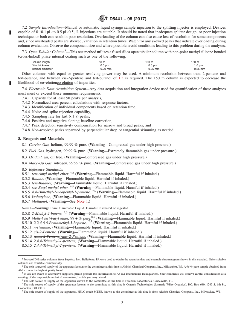 REDLINE ASTM D5441-98(2017) - Standard Test Method for Analysis of Methyl Tert-Butyl Ether (MTBE) by Gas Chromatography