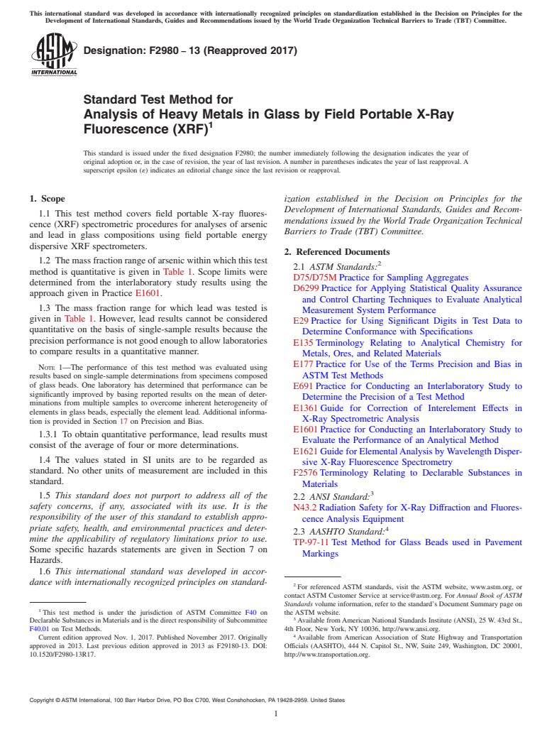 ASTM F2980-13(2017) - Standard Test Method for Analysis of Heavy Metals in Glass by Field Portable X-Ray Fluorescence  (XRF)