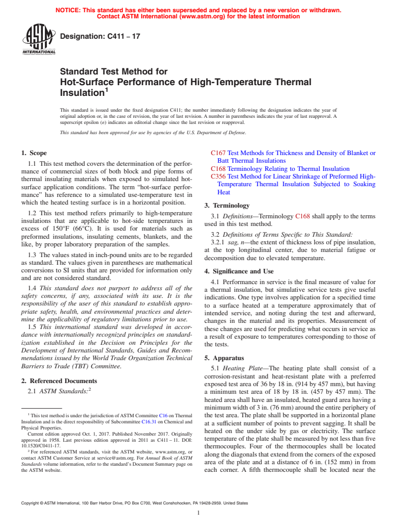 ASTM C411-17 - Standard Test Method for Hot-Surface Performance of High-Temperature Thermal Insulation