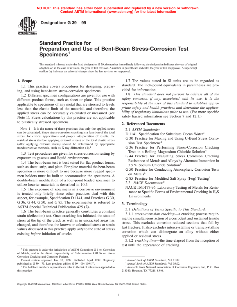 ASTM G39-99 - Standard Practice for Preparation and Use of Bent-Beam Stress-Corrosion Test Specimens