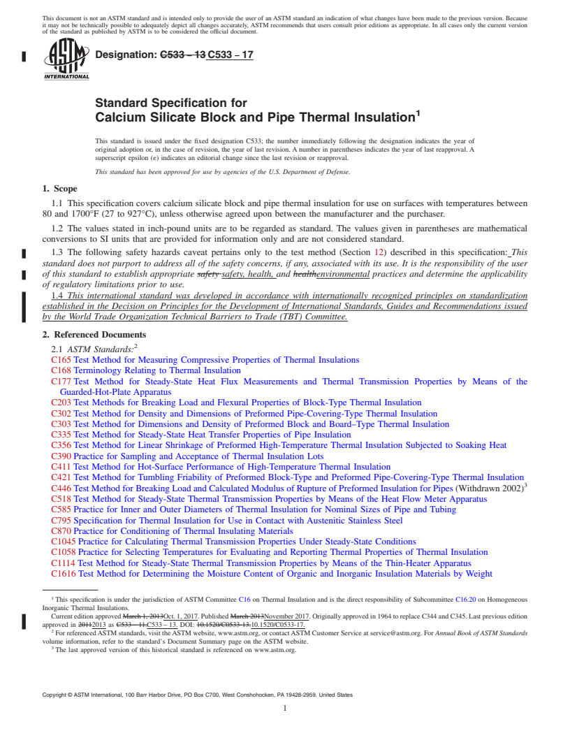 REDLINE ASTM C533-17 - Standard Specification for  Calcium Silicate Block and Pipe Thermal Insulation