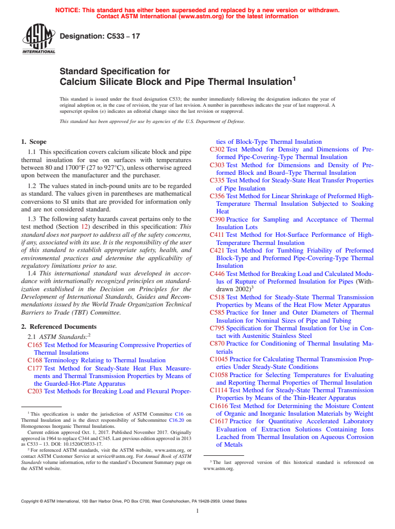 ASTM C533-17 - Standard Specification for  Calcium Silicate Block and Pipe Thermal Insulation