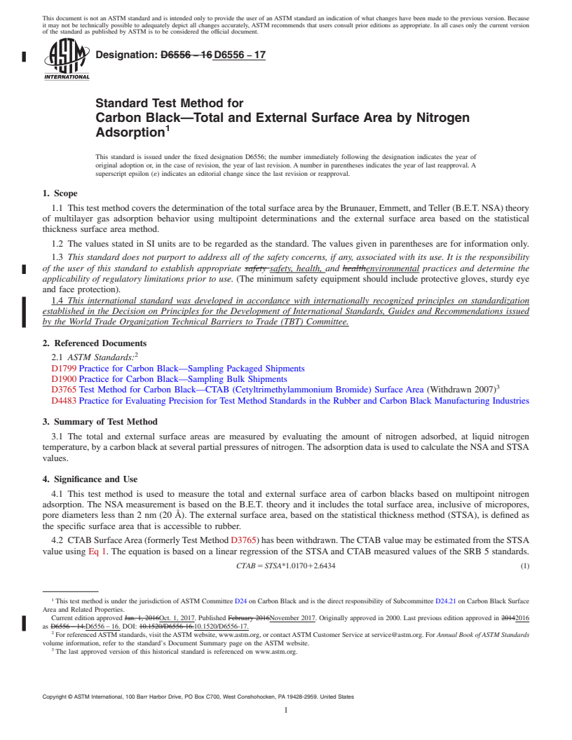 REDLINE ASTM D6556-17 - Standard Test Method for Carbon Black&#x2014;Total and External Surface Area by Nitrogen  Adsorption