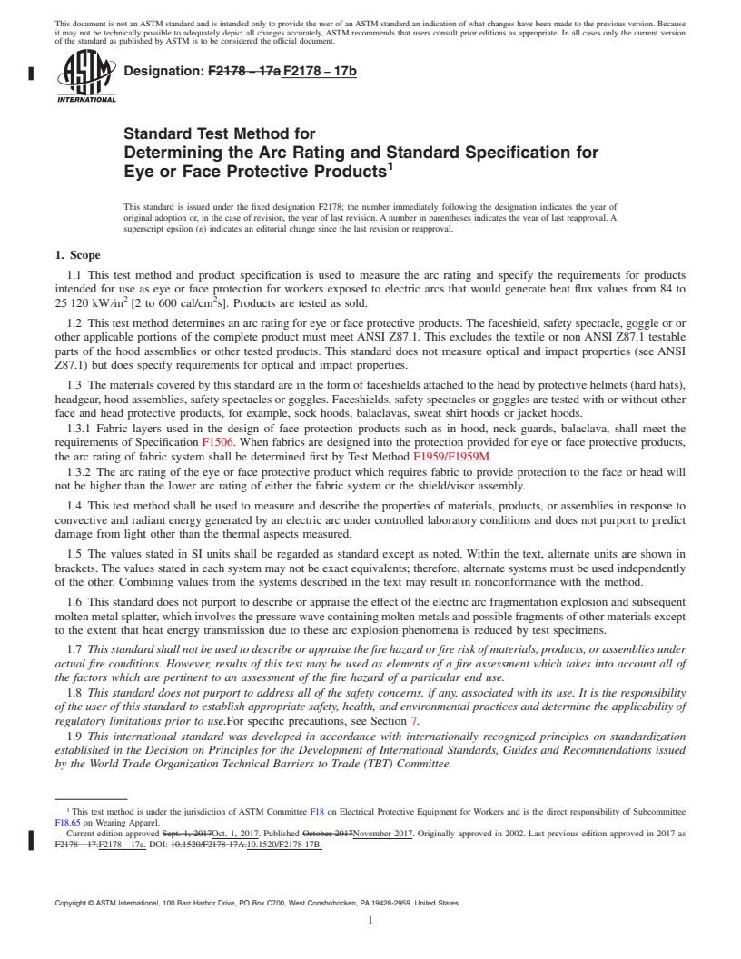 REDLINE ASTM F2178-17b - Standard Test Method for  Determining the Arc Rating and Standard Specification for Eye  or Face Protective Products