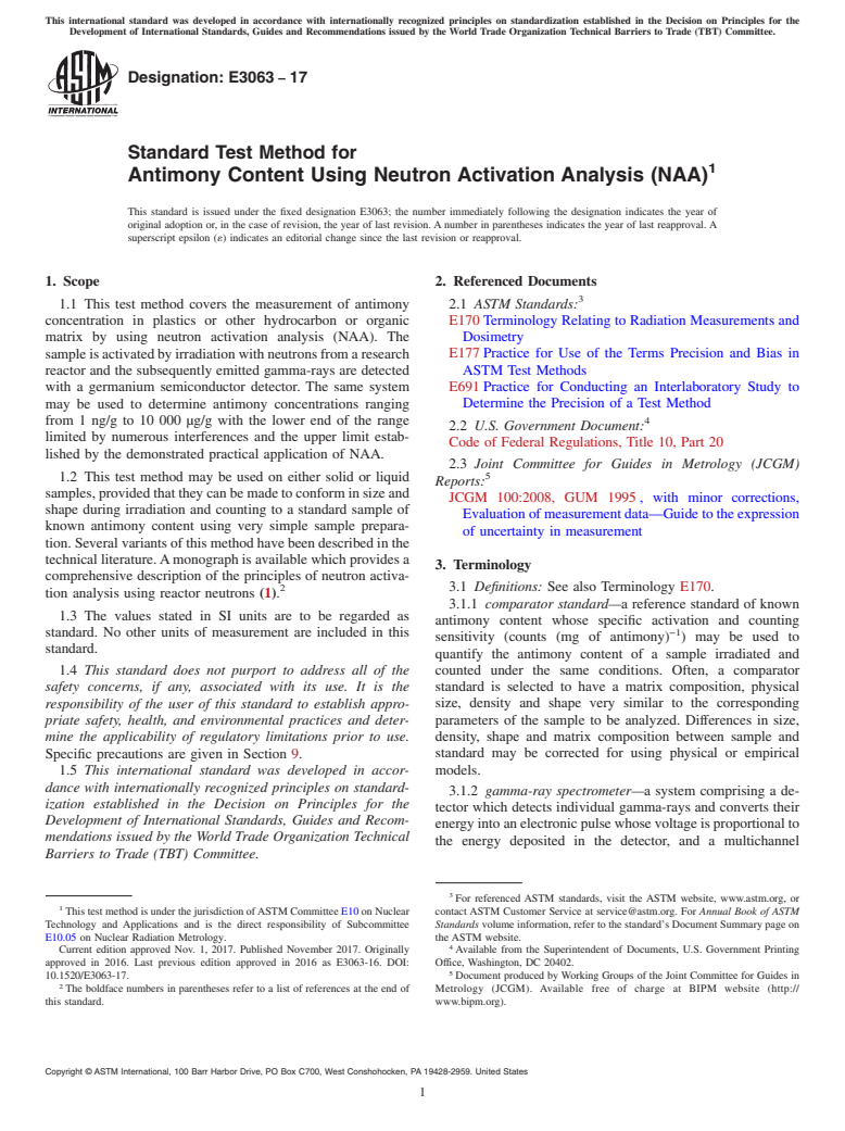 ASTM E3063-17 - Test Method for Antimony Content Using Neutron Activation Analysis (NAA)