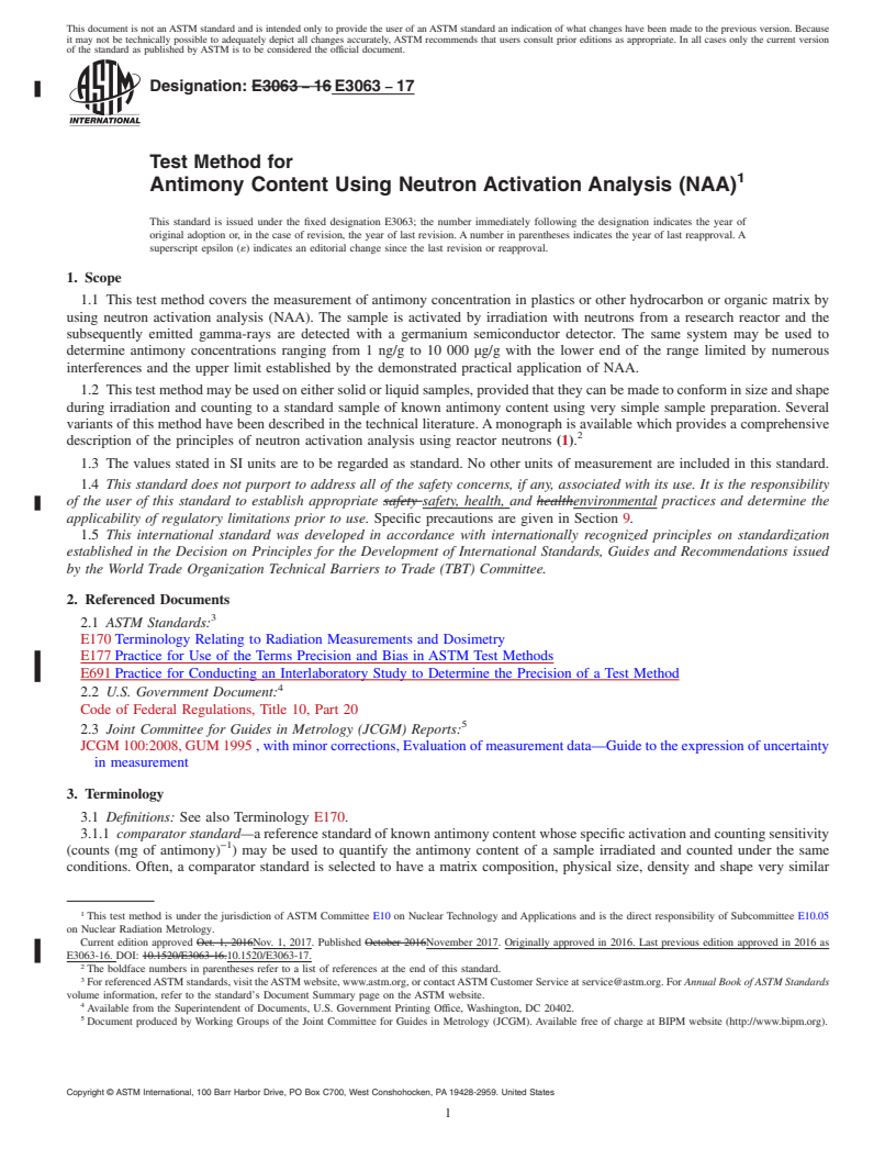 REDLINE ASTM E3063-17 - Test Method for Antimony Content Using Neutron Activation Analysis (NAA)