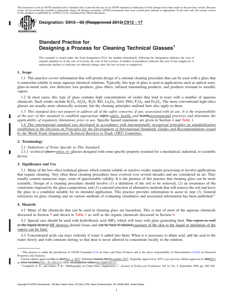 REDLINE ASTM C912-17 - Standard Practice for  Designing a Process for Cleaning Technical Glasses