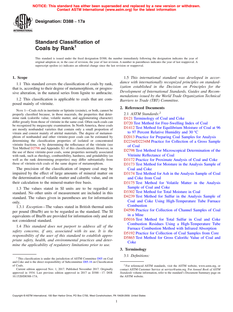 ASTM D388-17a - Standard Classification of  Coals by Rank