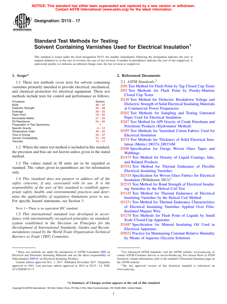 ASTM D115-17 - Standard Test Methods for Testing  Solvent Containing Varnishes Used for Electrical Insulation