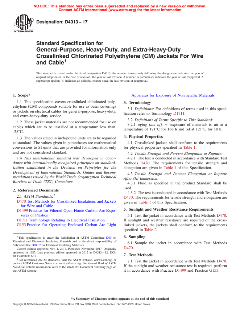 ASTM D4313-17 - Standard Specification for  General-Purpose, Heavy-Duty, and Extra-Heavy-Duty Crosslinked   Chlorinated Polyethylene (CM) Jackets For Wire and Cable