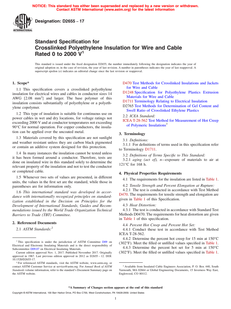 ASTM D2655-17 - Standard Specification for  Crosslinked Polyethylene Insulation for Wire and Cable Rated   0 to 2000 V