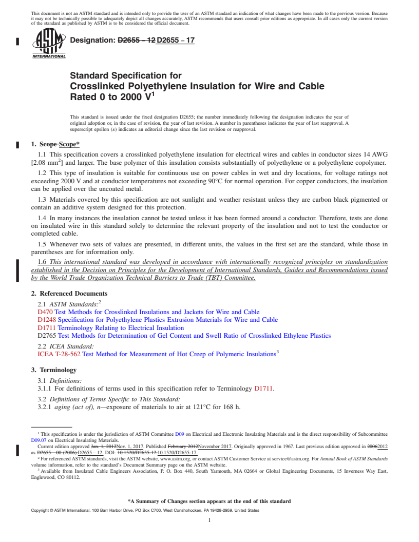 REDLINE ASTM D2655-17 - Standard Specification for  Crosslinked Polyethylene Insulation for Wire and Cable Rated   0 to 2000 V