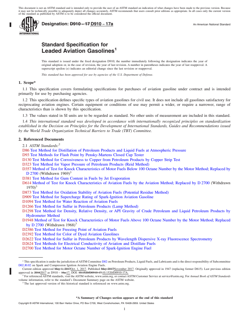 REDLINE ASTM D910-17a - Standard Specification for  Leaded Aviation Gasolines