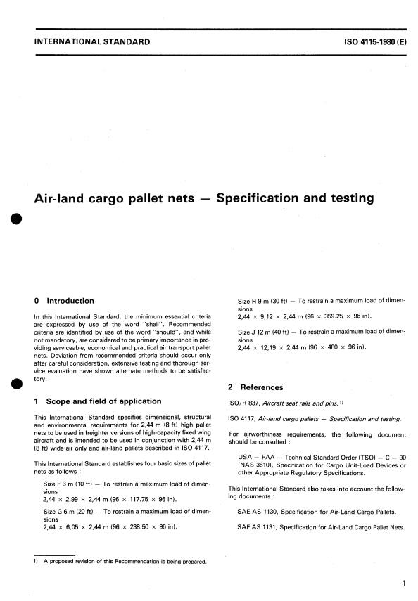 ISO 4115:1980 - Air-land cargo pallet nets -- Specification and testing