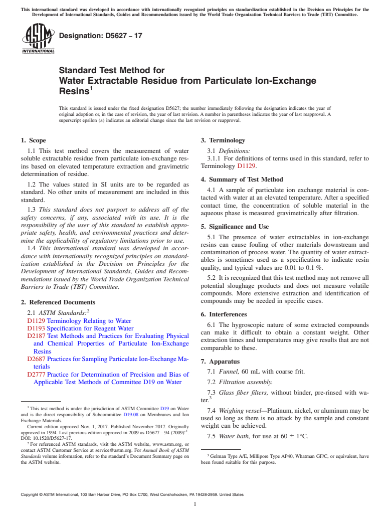 ASTM D5627-17 - Standard Test Method for  Water Extractable Residue from Particulate Ion-Exchange Resins