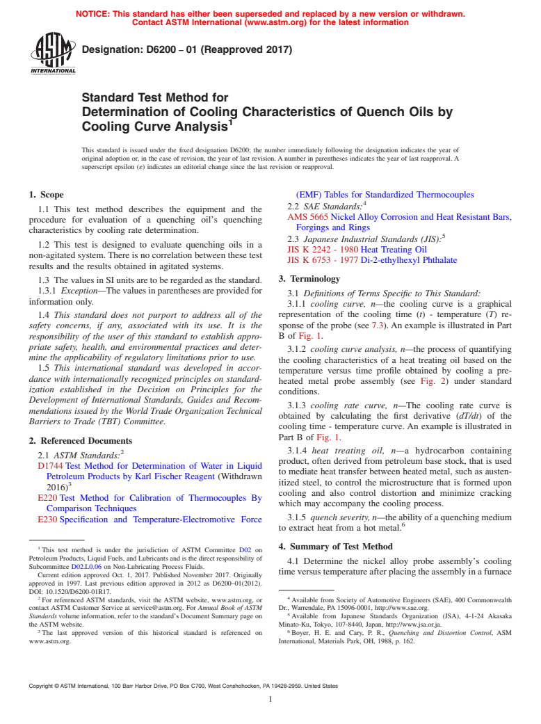 ASTM D6200-01(2017) - Standard Test Method for Determination of Cooling Characteristics of Quench Oils by   Cooling Curve Analysis