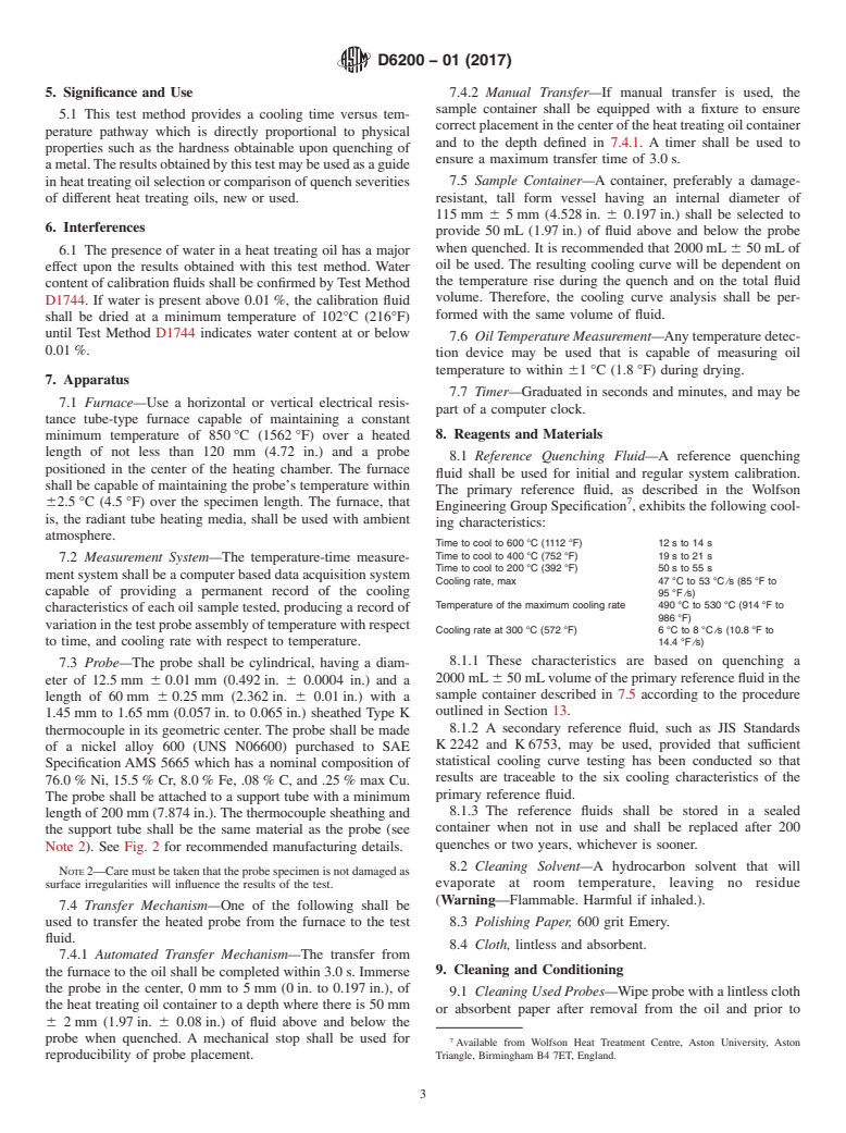 ASTM D6200-01(2017) - Standard Test Method for Determination of Cooling Characteristics of Quench Oils by   Cooling Curve Analysis