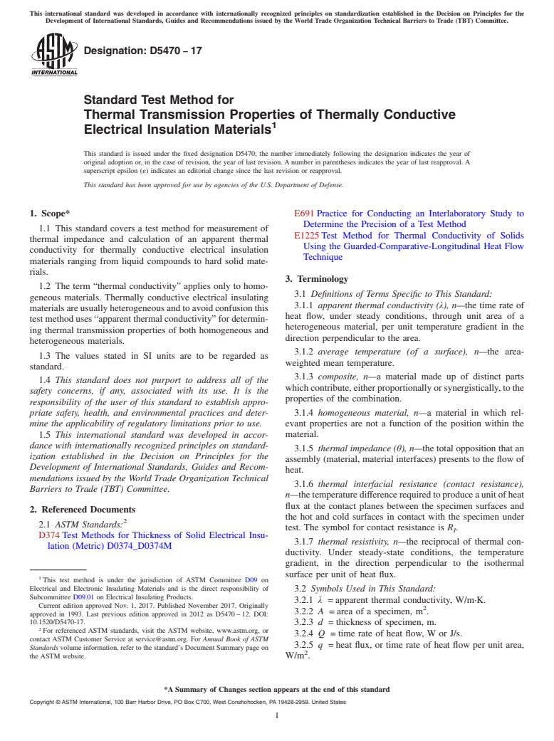 ASTM D5470-17 - Standard Test Method for  Thermal Transmission Properties of Thermally Conductive Electrical   Insulation Materials