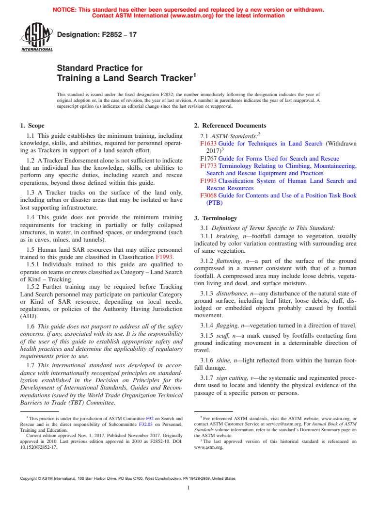 ASTM F2852-17 - Standard Practice for  Training a Land Search Tracker