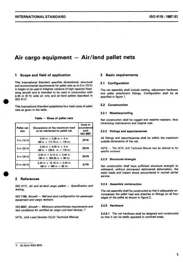 ISO 4115:1987 - Air cargo equipment -- Air/land pallet nets