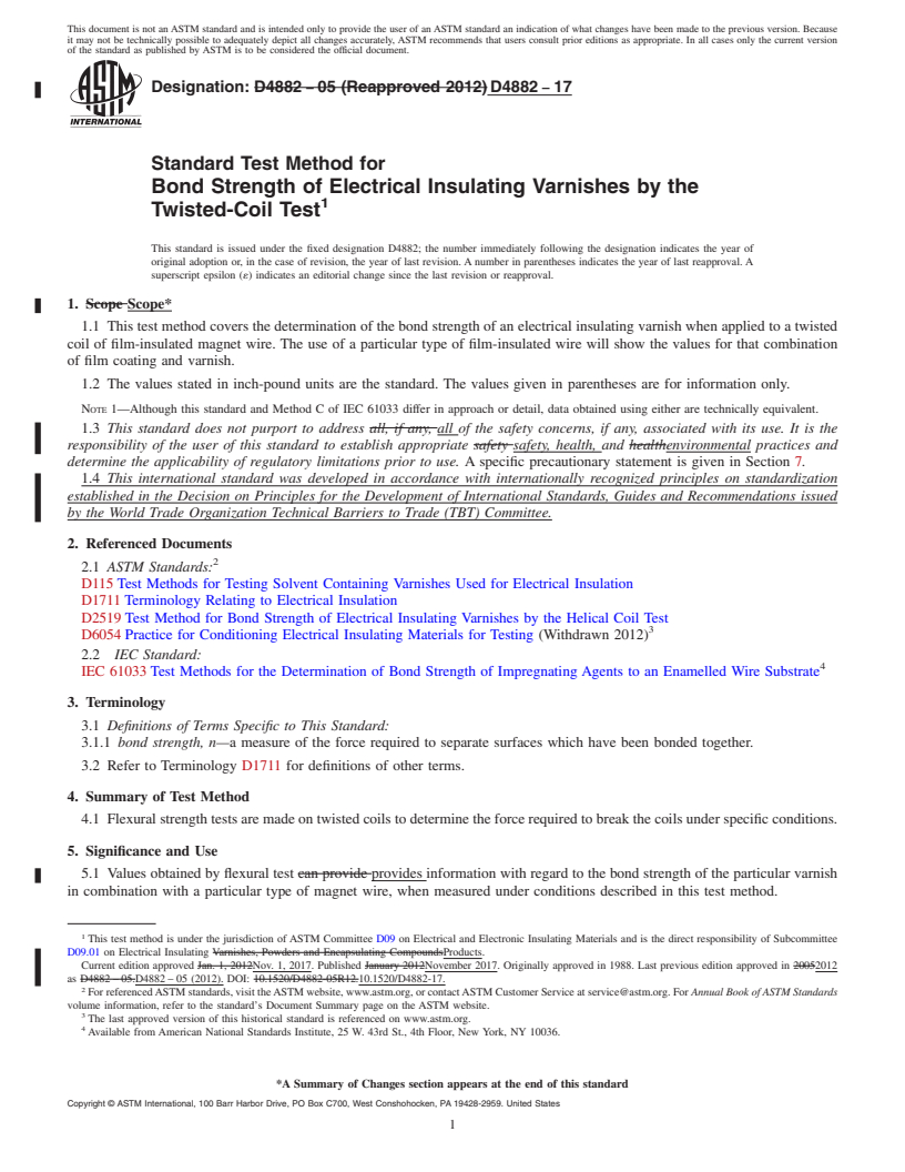 REDLINE ASTM D4882-17 - Standard Test Method for  Bond Strength of Electrical Insulating Varnishes by the Twisted-Coil   Test