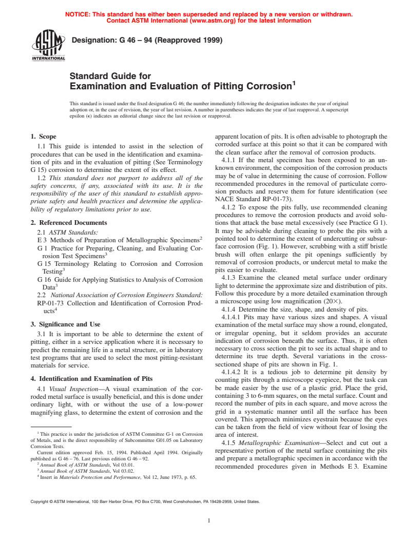 ASTM G46-94(1999) - Standard Guide for Examination and Evaluation of Pitting Corrosion